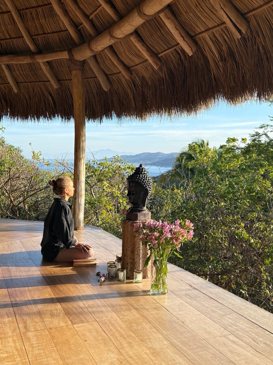 Nicole overlooking Nayarit, Mexico, from the Haramara yoga deck, January 2025