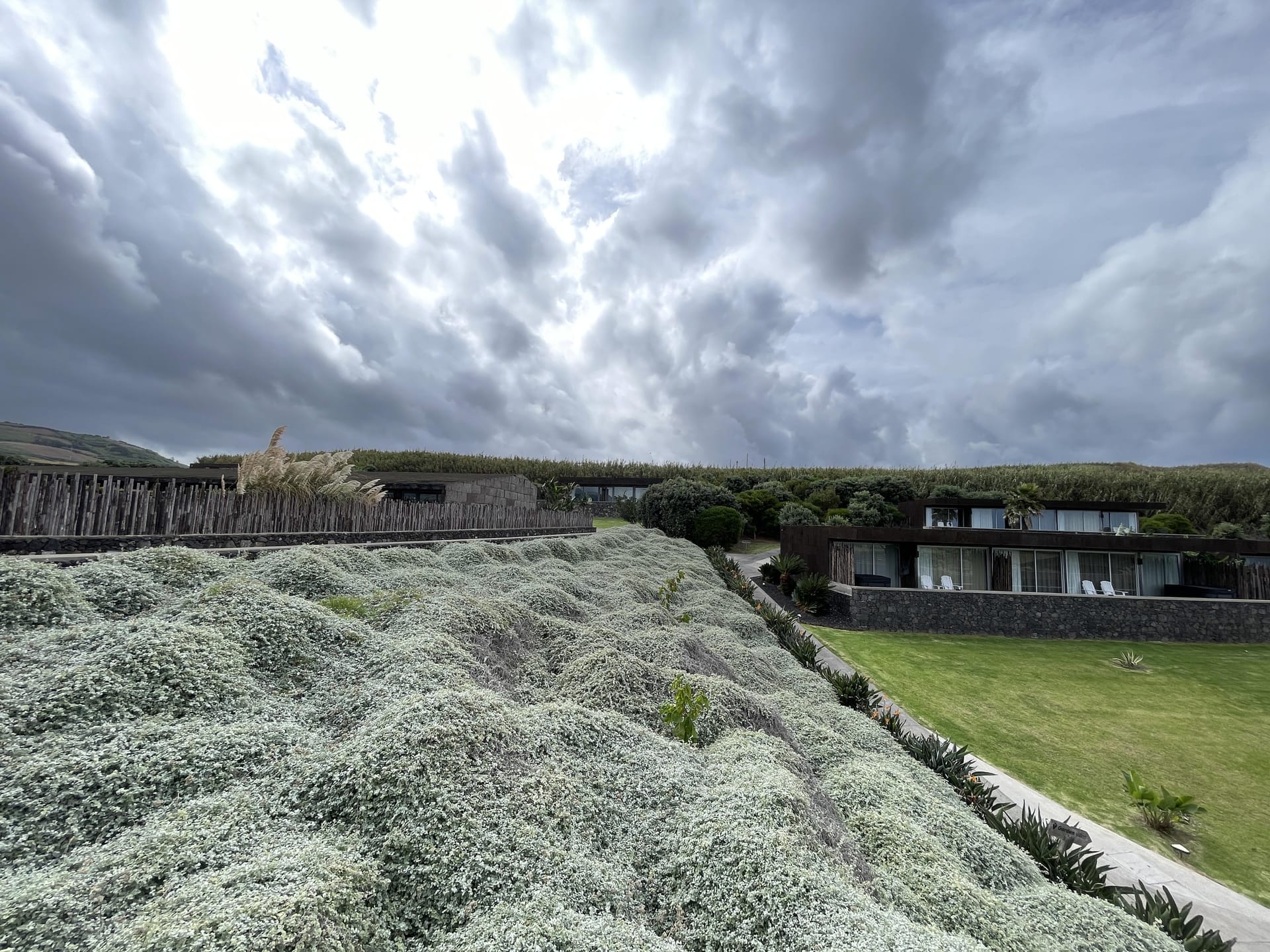 Sage colored bushes ripple across an expanse that meet the cloudy, bright sky above with low-slung hotel rooms beyond at Barabara Eco Resort in the Azores